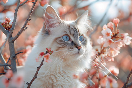 Siberian cat with blue eyes on a background of blooming apricot treeの写真素材