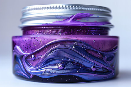 Cosmetic cream in a glass jar with purple and blue paint.の写真素材