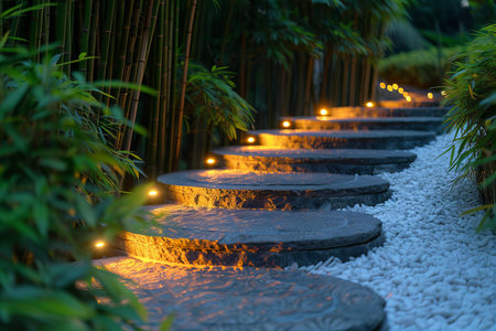 Walkway in the garden at night with lanterns and bamboo.の写真素材