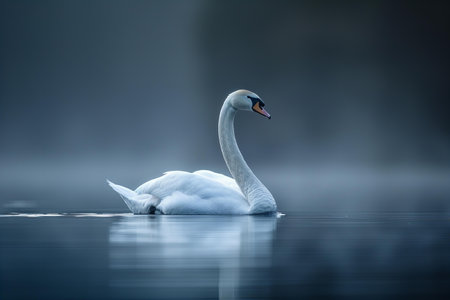 Beautiful white swan swimming on a lake in the morning.の写真素材