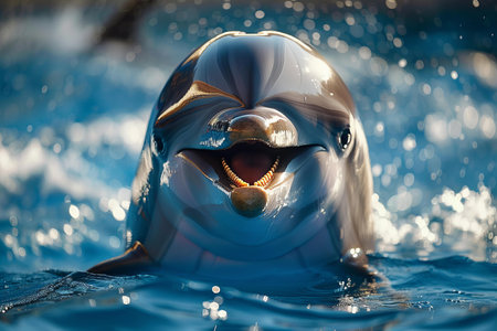 Dolphin swimming in the water in the light of the sun.の写真素材