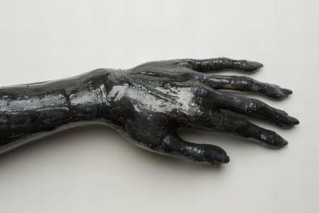 Hands of a man made of black paint on a white backgroundの写真素材