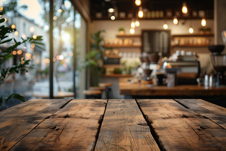 Empty wood table and Coffee shop blur background with bokeh image.の写真素材