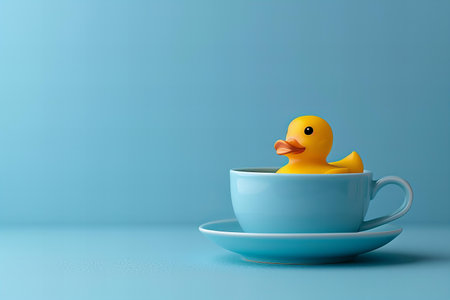 Cute yellow rubber duck in a blue cup on a blue backgroundの写真素材