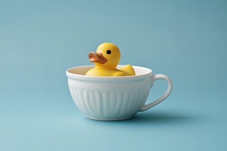 Yellow rubber duck in a white cup on a blue background. 3d renderingの写真素材