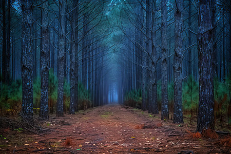 Mysterious dark forest with fog and path. 3D renderingの写真素材