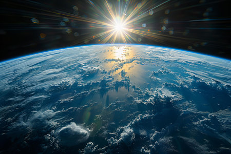 View of the earth from space during a sunrise 3D rendering elements of this image furnished by NASAの写真素材