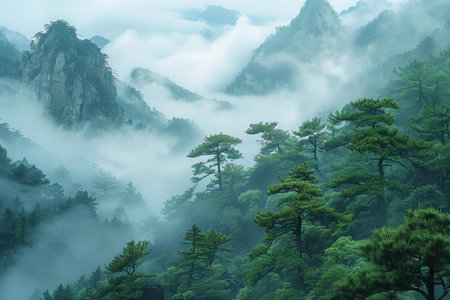 Mountain landscape with fog and pine trees in Huangshan, Chinaの写真素材