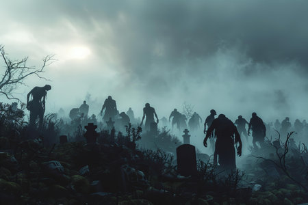 Scary landscape with zombies in the forest. Halloween concept.の写真素材