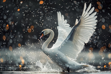 Beautiful white swan on the lake with bokeh backgroundの写真素材