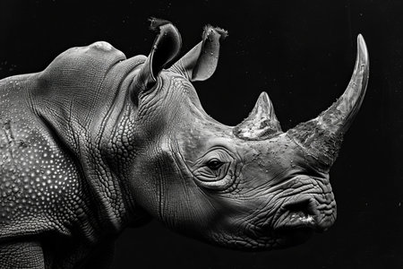 Black and white photo of rhinoceros head on black backgroundの写真素材