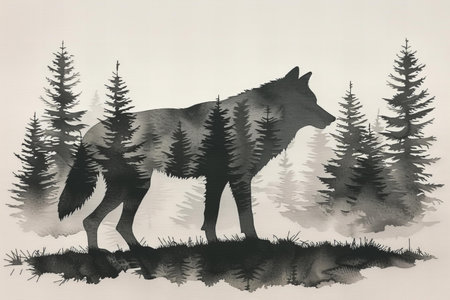 Silhouette of a wolf in the forest. Watercolor illustrationの写真素材