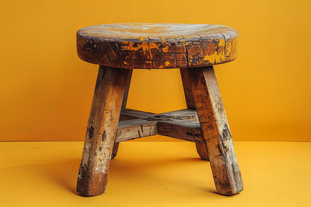 Old wooden stool on a yellow background. 3d render illustration.