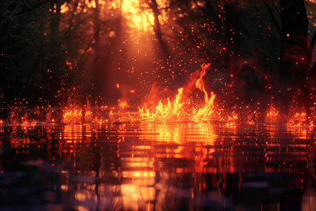 Flames of fire on the surface of the water in the parkの写真素材