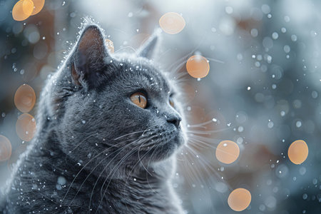 Portrait of a beautiful gray cat on a background of snow and bokehの写真素材