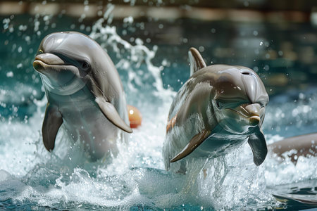 dolphins swimming in the pool, closeup of photo with soft focusの写真素材