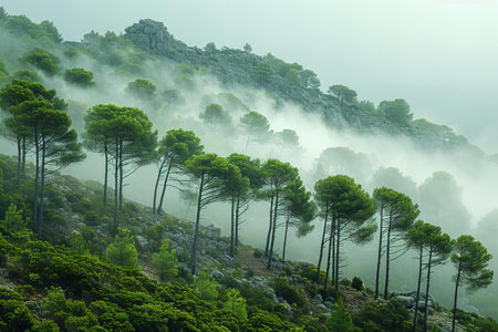 Beautiful pine trees in the mountains in the morning mist, Turkeyの写真素材