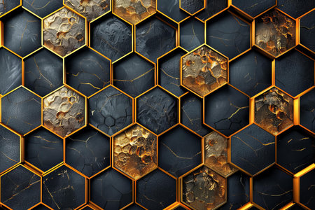 Grunge background with golden hexagons. 3d render illustration