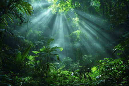 Sun rays shining through the green tropical forest. Tropical forest background.