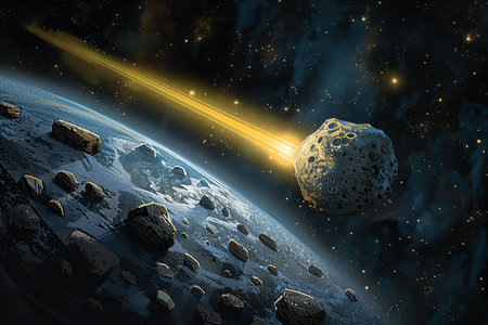 3D rendering of a meteorite approaching the earth in outer space