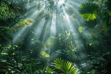 Tropical rainforest with sunbeams shining through the leavesの写真素材