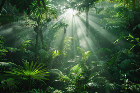 Tropical rainforest with sunbeams and lens flare.