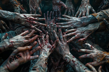 Halloween theme: group of zombie hands in blood on dark background