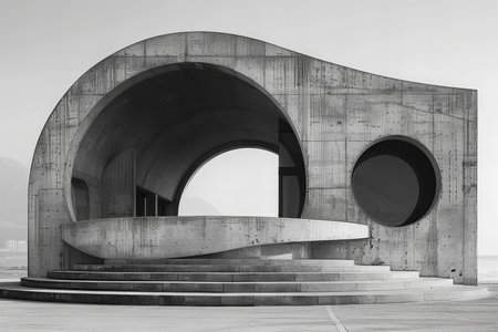 Black and white image of a modern building in the middle of the city