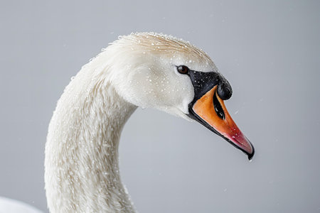 Portrait of a white swan with water drops on his headの写真素材