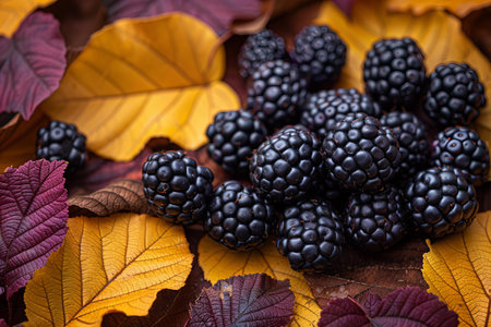 Blackberries and autumn leaves on a wooden background. Selective focus.