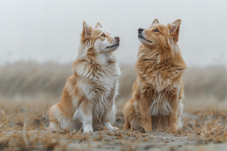 Two red welsh corgi dogs sitting on the sandの写真素材