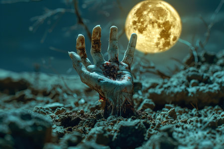 Zombie hand in the moonlight. Halloween concept. 3D Renderingの写真素材