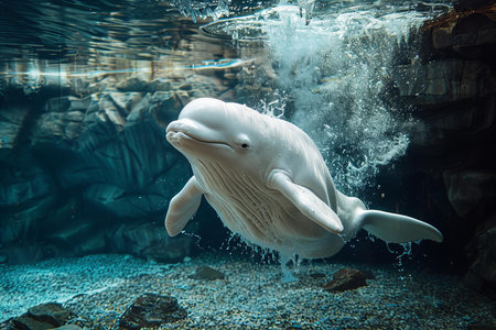 White whale swimming in the water. Underwater world. Aquariumの写真素材