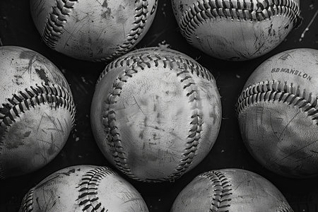 A close up shot of baseballs on a black and white backgroundの写真素材