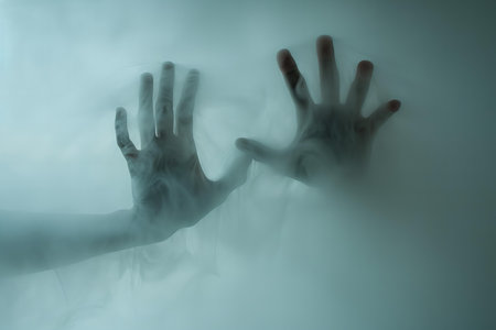 Hands of a man and a woman on a foggy backgroundの写真素材