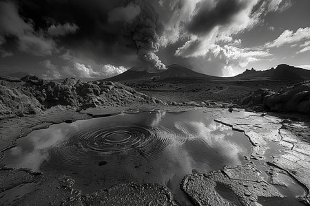 Volcanic eruption in Kamchatka. Black and white.