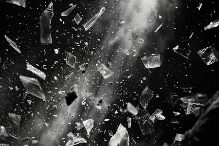 Broken glass pieces on black background. Black and white photo.の写真素材