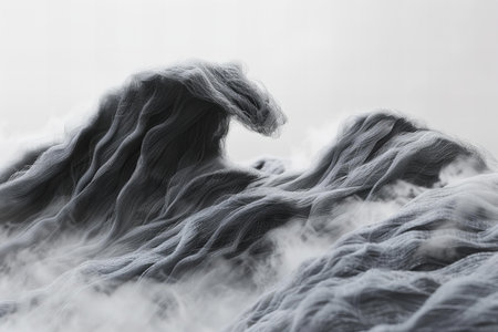 Foggy mountain landscape with clouds and fog.の写真素材