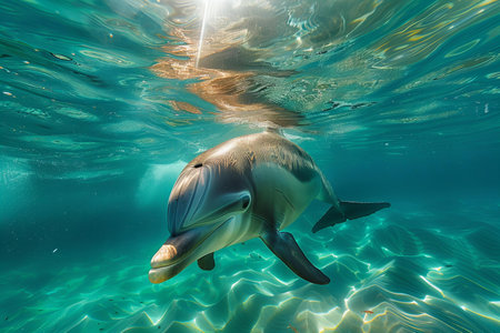 Dolphin swimming underwater in the sea. Dolphin swims in the ocean.