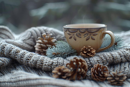 Cup of coffee with knitted scarf on a wooden background.