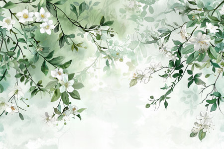 Watercolor floral background with white jasmine flowers and green leavesの写真素材