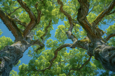 Old oak tree in the forest, view from below to the skyの写真素材