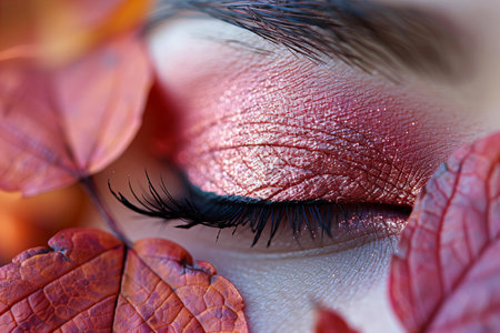 Close-up shot of beautiful woman's eye with autumn leaves.の写真素材