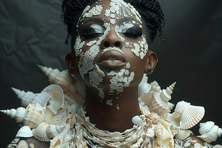 African woman with creative make-up and hairstyle with seashellsの写真素材