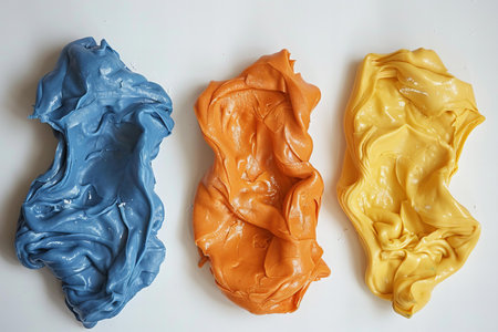 Colored paints on a white background close-up. Top view.の写真素材