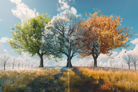 3d render of autumn trees in the field and blue sky with cloudsの写真素材