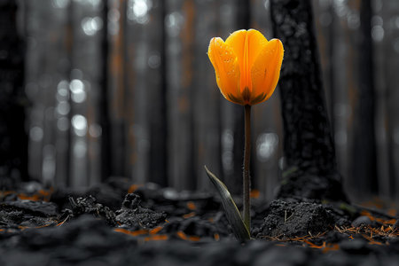 Orange tulip in the forest. Spring concept. 3D Rendering