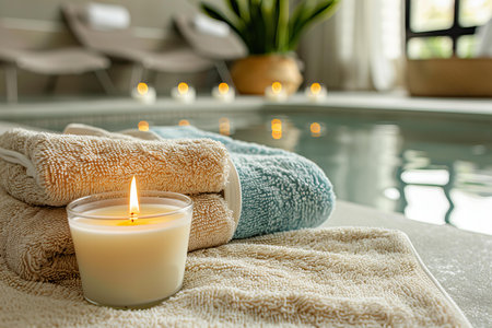 Spa and wellness setting with candles and towel in swimming pool.