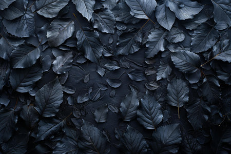 Black leaves on dark background. Flat lay, top view, copy spaceの写真素材