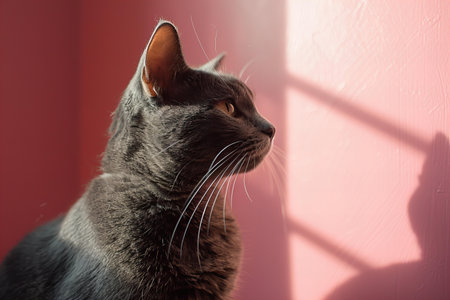 Cute gray cat sitting on the window sill and looking at the sunの写真素材